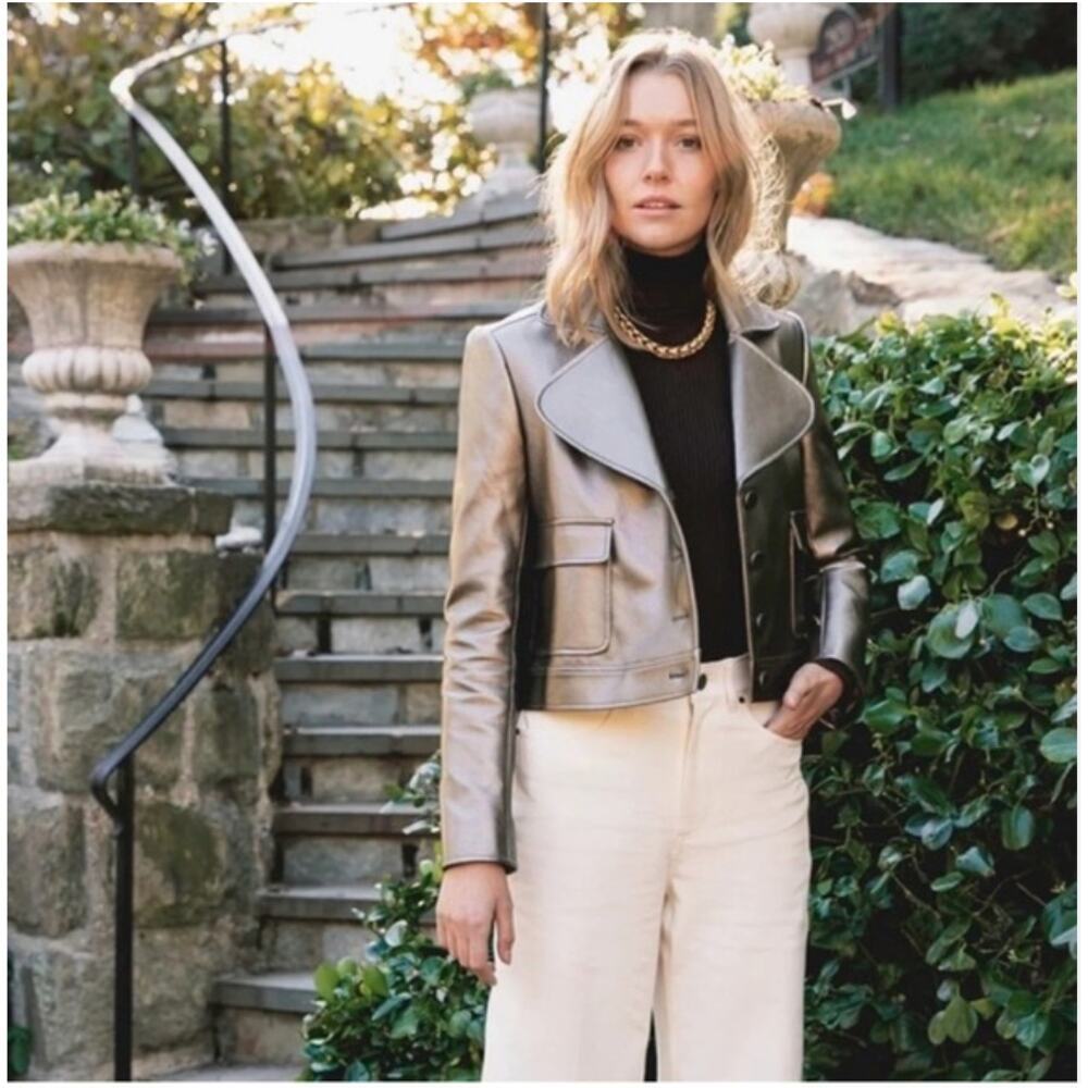 Metallic Leather Cropped Jacket - Gold